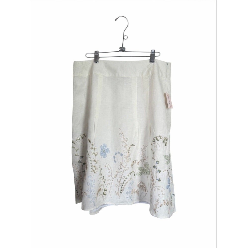 Dressbarn 10 Ivory Embroidered Floral Linen A-Line Skirt Lined Coastal Y2K Fairy